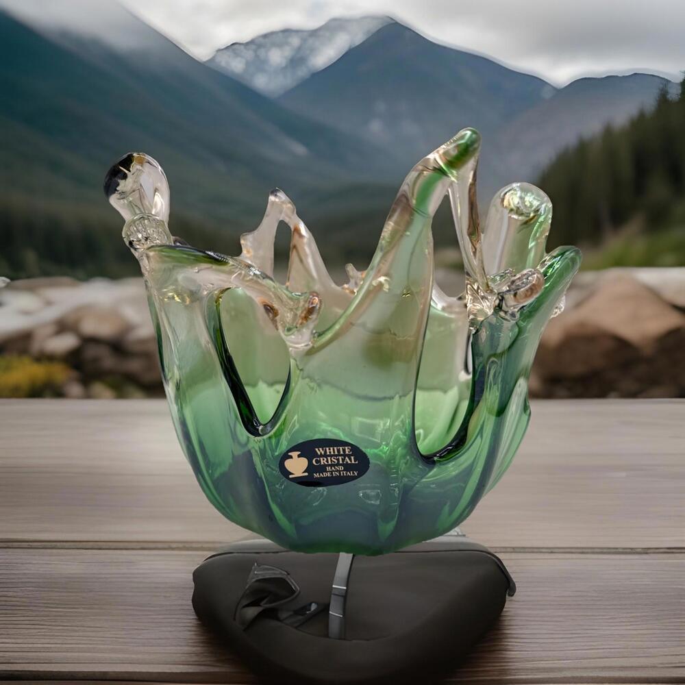 Murano Art Glass Vase Bowl Green Gold Swirl HAND MADE ITALY White Cristal